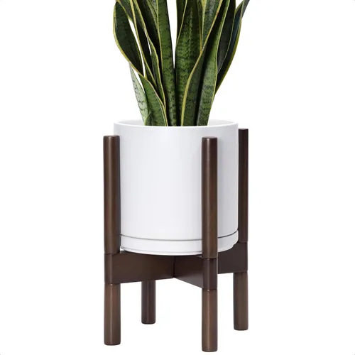 Vista 105 de D'vine Dev Maceta de cerámica con soporte de ébano – Maceta redonda moderna de 8 pulgadas con soporte para maceta de madera, color negro, 55-B-M-2
