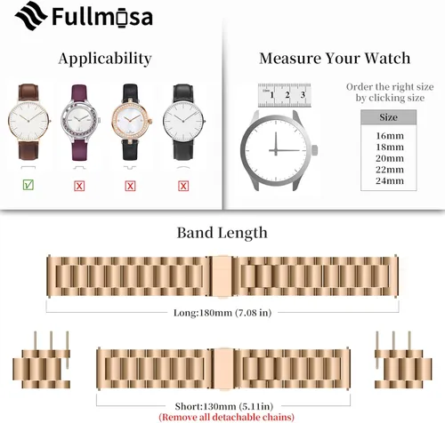 Vista 6 de Fullmosa - Extensible de reloj de liberación rápida hecho de acero inoxidable, de 16, 18, 20, 22 y 24mm de ancho
