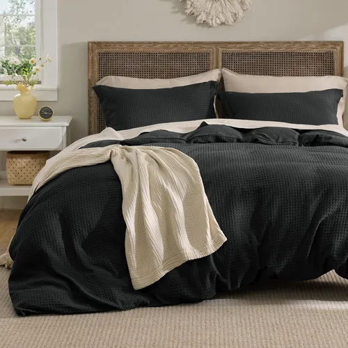 Vista 12 de Bedsure Funda de Edredón de Lujo Tipo Waffle Tamaño Queen - Juego de Funda de Edredón Texturizada, Suave, Juego de Ropa de Cama Transpirable