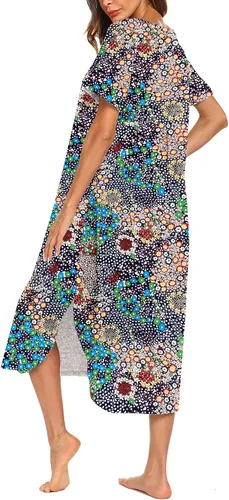 Vista 4 de AVIIER - Camisones de algodón para mujer, ropa de dormir suave con bolsillos, tallas S a XXL Negro Floewer 4