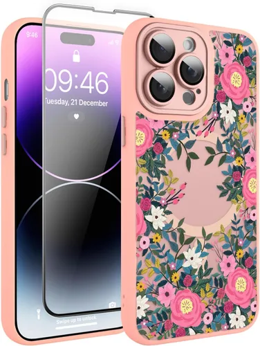 Vista 157 de Magnético para iPhone 13 con protector de pantalla [Compatible con MagSafe] Diseño de patrón floral de flores bonitas, funda delgada a prueba