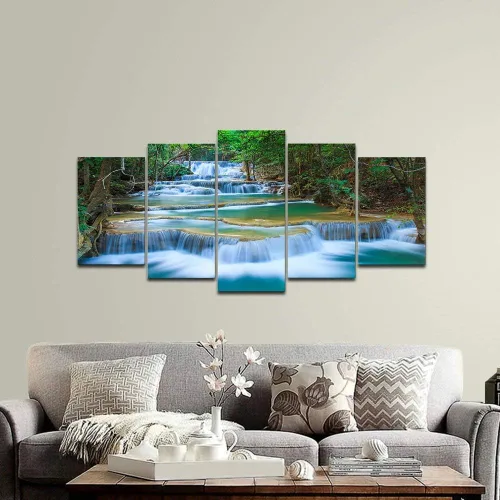Vista 8 de Wieco Art Lienzo de cascada pacífica para pared, cuadros de árboles verdes para sala de estar, dormitorio, decoración del hogar, 5 piezas, estirado