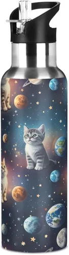 Vista 8 de Stainless Steel Vacuum Insulated Water Bottle 20 Oz, Leakproof Water Bottles for Gym Outdoor Travel School, Cute Cats Space