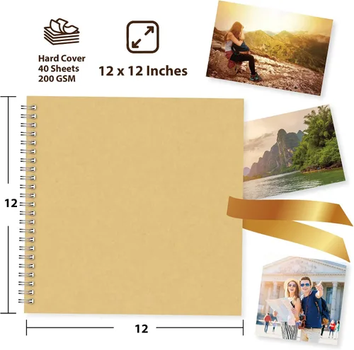Vista 3 de Álbum de recortes Kraft, álbum de fotos de tapa dura de 12 x 12 pulgadas, diseño cuadrado encuadernado en espiral, perfecto para libro de invitados
