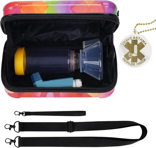 Vista 9 de MGZNMTY Estuche de transporte de viaje para inhalador de asma, espaciador de inhalador para niños y adultos, máscaras, bolsa de soporte con cuerda