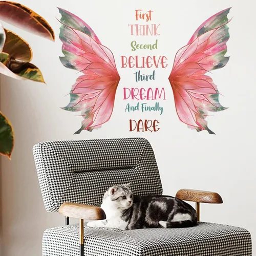 Vista 8 de Calcomanía de pared con citas de mariposa rosa, Think Believe Dream Dare - Calcomanías de pared de vinilo autoadhesivo para decoración de pared