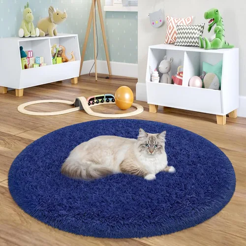 Vista 31 de Alfombra circular pequeña para dormitorio, 2 x 2 pies, color azul, para decoración de habitación de niños, redonda esponjosa para guardería