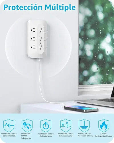 Vista 6 de Extensor de 9 salidas de CA, toma de pared de enchufe múltiple con USB C