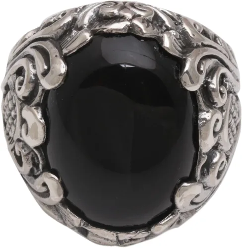 Vista 5 de NOVICA Anillo de cóctel floral de plata de ley 925 de ónix negro