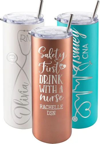 Vista 11 de Regalos de enfermera para mujeres, vaso personalizado para enfermera con nombre y especialidad, 20 onzas flacas, blanco, 8 diseños, con cepillo