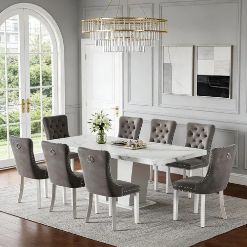 Vista 70 de Henf Juego de mesa de comedor extensible de 5 piezas para 4, mesa de cocina de imitación de mármol de 63"-79" con 4 sillas negras, juego de mesa