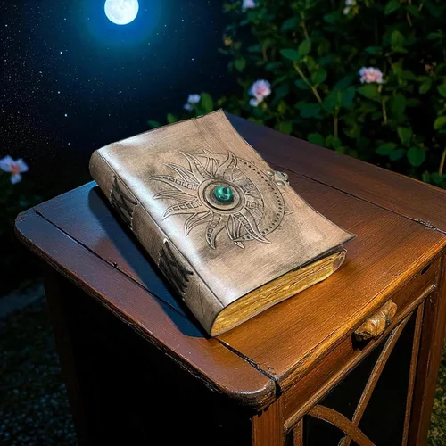 Vista 5 de Leather Journal with Sun & Moon Embossed Design – Vintage Notebook with Green Gemstone Spell Book, Grimoire, Travel Diary, Sketchbook, Writing
