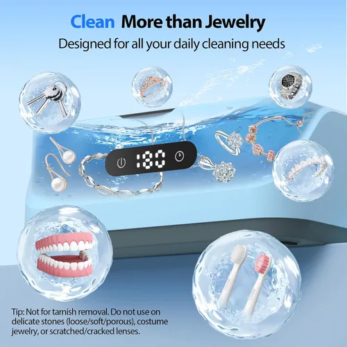 Vista 2 de Limpiador ultrasónico de joyas: limpiador de anillos de 48 Khz Máquina ultrasónica con temporizador digital, 4 modos de limpieza, limpiador sónico