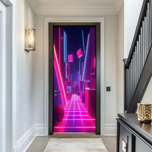 Vista 9 de Calcomanías para puerta, 3D y 90, diseño de arcade, visera, VR, aventura, murales, papel tapiz autoadhesivo para puerta, póster para dormitorio