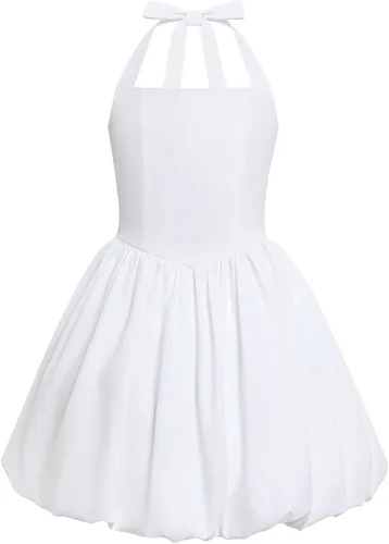 Vista 11 de IBTOM CASTLE Vestido de niña adolescente con cuello halter y lazo en la Negro