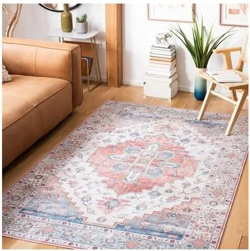 Vista 2 de SAFAVIEH Alfombra lavable Tucson Collection - 2 pies 6 pulgadas x 4 pies, beige y azul, antideslizante, ideal para zonas de alto tráfico en entrada