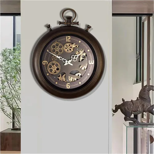 Vista 3 de Reloj de pared retro de gran industria, engranaje de metal, reloj de pared, sin garrapatas, operaciones de batería, sala de estar, cocina