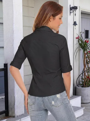 Vista 5 de HOTOUCH Camisa de manga 3/4 con botones para mujer, blusas de trabajo ajustadas, camisas de vestir de algodón, camisas de oficina Negro