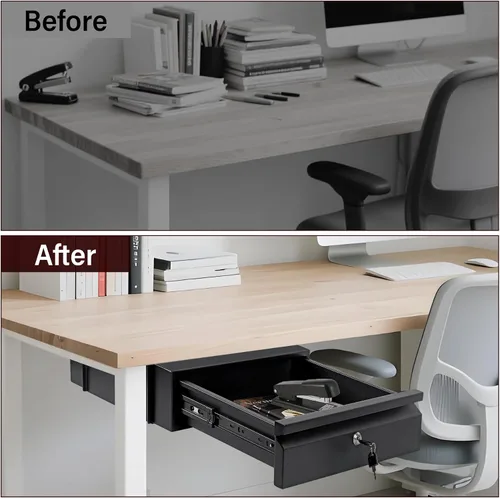 Vista 8 de Cajón para debajo del escritorio, 15.7 x 11.8 x 4.3 pulgadas Under Desk Pull Out Drawer with Lock and Keys, 4.3” & 7.5” Optional Bracket Height