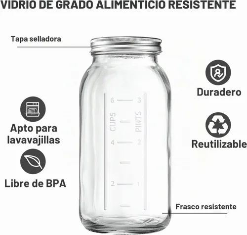 Vista 2 de Tarros Mason de boca ancha de 64 onzas con tapas, tarro de conservas hermético de vidrio resistente y banda de medio galón / 2 cuartos de galón