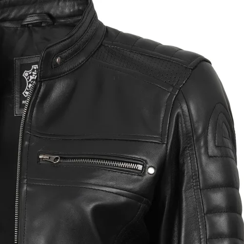 Vista 4 de Blingsoul - Chaqueta de cuero Cafe Racer para mujer - Chaquetas de piel de cordero real para mujer Negro