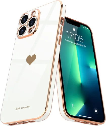Vista 13 de Teageo Funda para iPhone 13 Pro para mujeres y niñas, diseño de corazón de amor, cubierta trasera suave, protección completa de la cámara, Negro