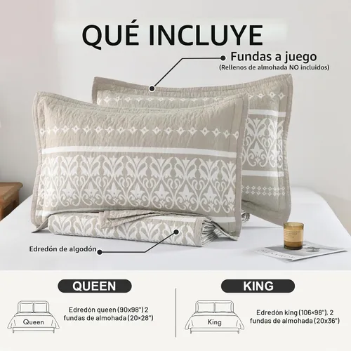 Vista 6 de Juego de edredón 100% algodón a rayas, bohemio, tamaño Queen, color beige y blanco, 3 piezas Lightweight & Soft Bedspread, Boho Style Bedding Set