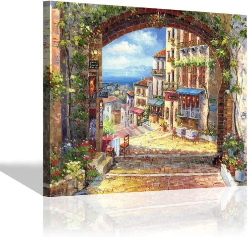 Vista 8 de SD SOFT DANCE Lienzo decorativo para pared de pueblo italiano, pintura de pueblo costero, reproducción de obras de arte para sala de estar