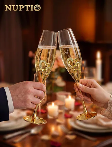 Vista 2 de NUPTIO - Copas de champán de cristal, regalos de boda para parejas, dorado, juego de 2