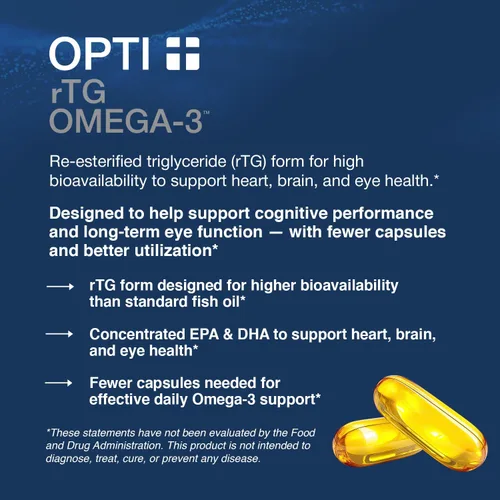Vista 2 de Opti + Omega 3 Aceite de pescado EPA DHA, apoyo para las articulaciones del cerebro del corazón* Formulado por médicos Uso diario Omega 3 DHA