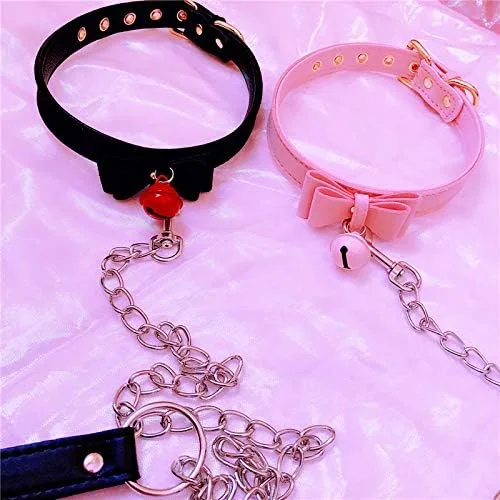 Vista 4 de LEWECEEO Gargantilla de collar para mujer con campana, lindo lazo y gato, collar de gatito, Cuero, no conocido