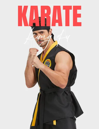 Vista 5 de Disfraz de karate para hombre, de lujo, talla grande, conjunto de uniforme de karate Gi de Halloween, con diadema de cinturón negro, unisex