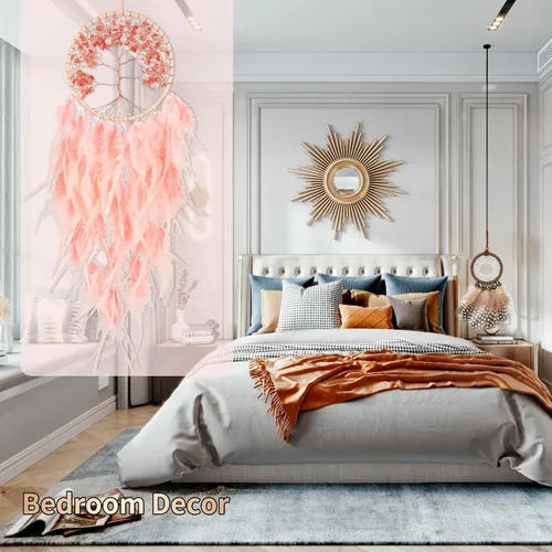 Vista 3 de Atrapasueños grandes del árbol de la vida, plumas de gallo rosa con ágata roja, atrapasueños de chakras hecho a mano para dormitorio, un Rosa