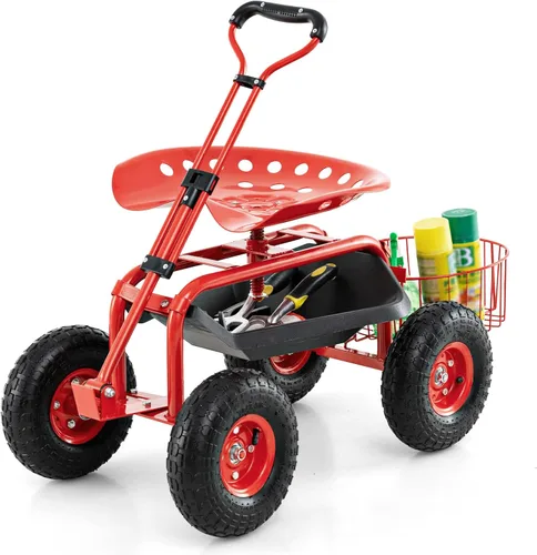 Vista 17 de Goplus Carrito de jardín rodante con asiento, taburete de jardín al aire libre con ruedas, bandeja de herramientas y cesta, mango de dirección