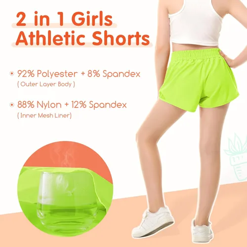 Vista 2 de Pantalones cortos deportivos para niñas, de secado rápido, con bolsillo con cremallera, para adolescentes y niños, pantalones cortos deportivos