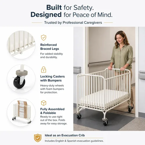 Vista 7 de L.A. Baby Deluxe Holiday Mini/Cuna plegable portátil de metal, color blanco Metal frame, locking caster wheels, tool-free fold, fits standard