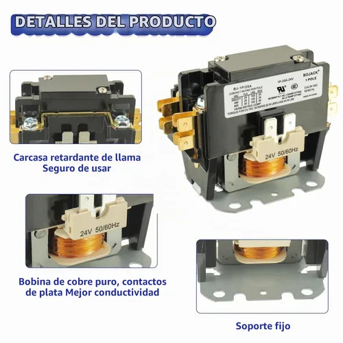 Vista 5 de BOJACK Contactor de CA de propósito definido de 1 polo, bobina FLA 25 A, 24 VCA. Contactor para compresor de condensador de aire acondicionado