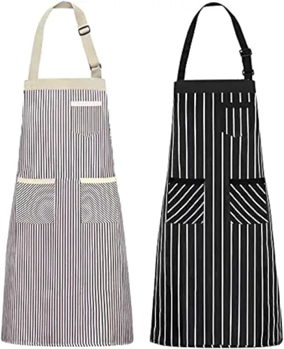 Vista 20 de NLUS Paquete de 2 delantales de cocina ajustables con babero, delantal de chef suave con 2 bolsillos para hombres y mujeres (rayas negras)