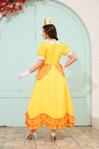 Vista 5 de LILLIWEEN Vestidos de princesa para mujer, disfraz de princesa, Halloween, conjunto completo con corona y aretes y guantes (talla EE. UU.)