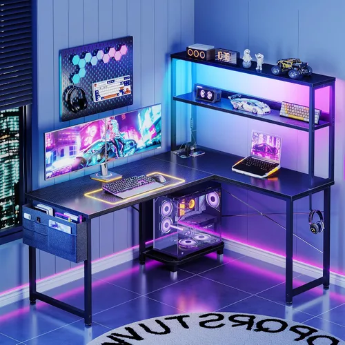 Vista 2 de ODK Escritorio para juegos en forma de L de 43 pulgadas con estantes, LED y Negro