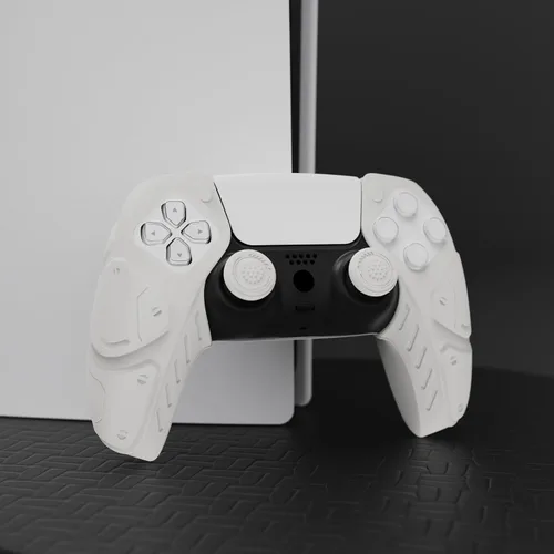 Vista 7 de PlayVital Mecha Edition White Ergonomic Soft Controller Silicone Case Grips for PS5, Rubber Protector Skins with Thumbstick Caps for PS5 Controller