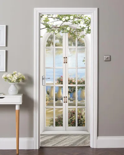 Vista 38 de FLFK Adhesivo para puerta – Puerta vintage beige, mural para despegar y pegar, tamaño combinado 30 x 80 pulgadas, dividido en 2 piezas Mt5423