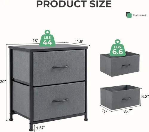 Vista 3 de NEWBULIG Mesita de noche con 2 cajones de tela, cómoda pequeña de 25 pulgadas de alto, mesita de noche con almacenamiento para dormitorio, armario