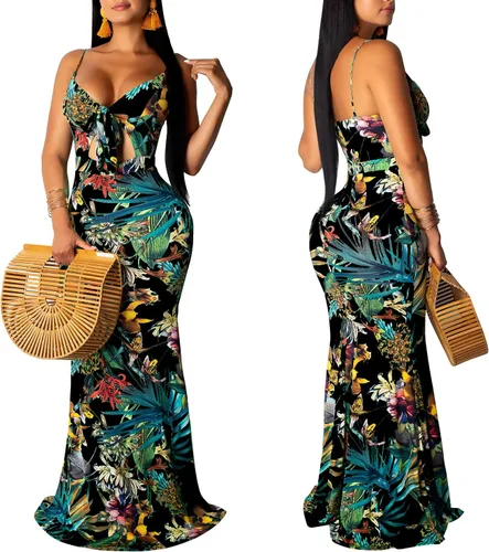 Vista 3 de Women's Summer Floral Spaghetti Strap Long Maxi Dresses Low-Cut Bohemian Beach Sundress Negro