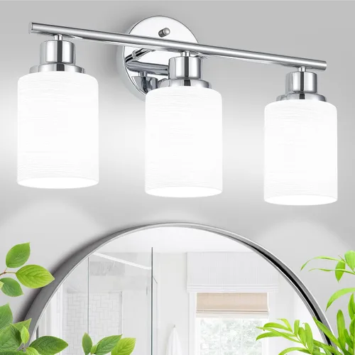Vista 53 de Paquete de 2 luces de tocador de 1 luz, lámpara de baño de níquel cepillado con pantalla de vidrio blanco lechoso texturizado, accesorio