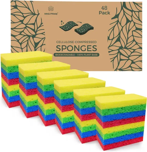 Vista 9 de Esponjas de celulosa – Paquete de 24 esponjas multicolor comprimidas naturales para cocina – A base de plantas, biodegradables, antiarañazos, secado
