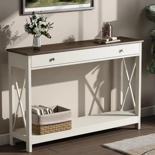 Vista 8 de Mesa consola de madera Treocho Farmhouse con cajón y estantes de almacenamiento, mesa de sofá estrecha para entrada, sala de estar, pasillo