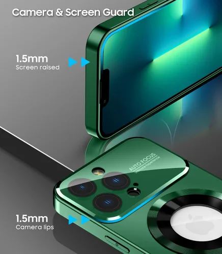 Vista 4 de MAKAVO Funda magnética para iPhone 13 Pro, compatible con MagSafe, protector de lente de cámara integrado, vista de logotipo, funda de grado militar