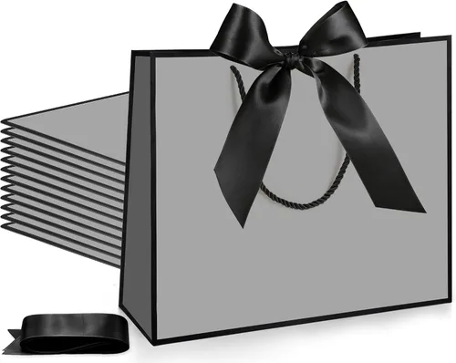 Vista 26 de Silkfly 12 bolsas de regalo con asas para dama de honor, 12 x 10 x 4 pulgadas, elegantes bolsas de regalo de bienvenida de boda con lazo para Negro