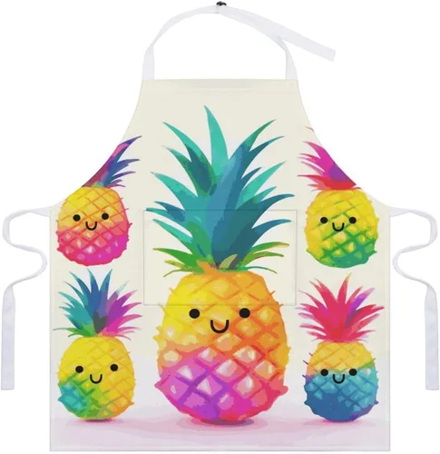 Vista 7 de MUSM Apron for Adults - 27.6 X 31.5 Inch, Heavy-Duty Polyester Aprons with Two Large Pockets, Waterproof Rainbow Pineapple Cartoon Kitchen Apron for